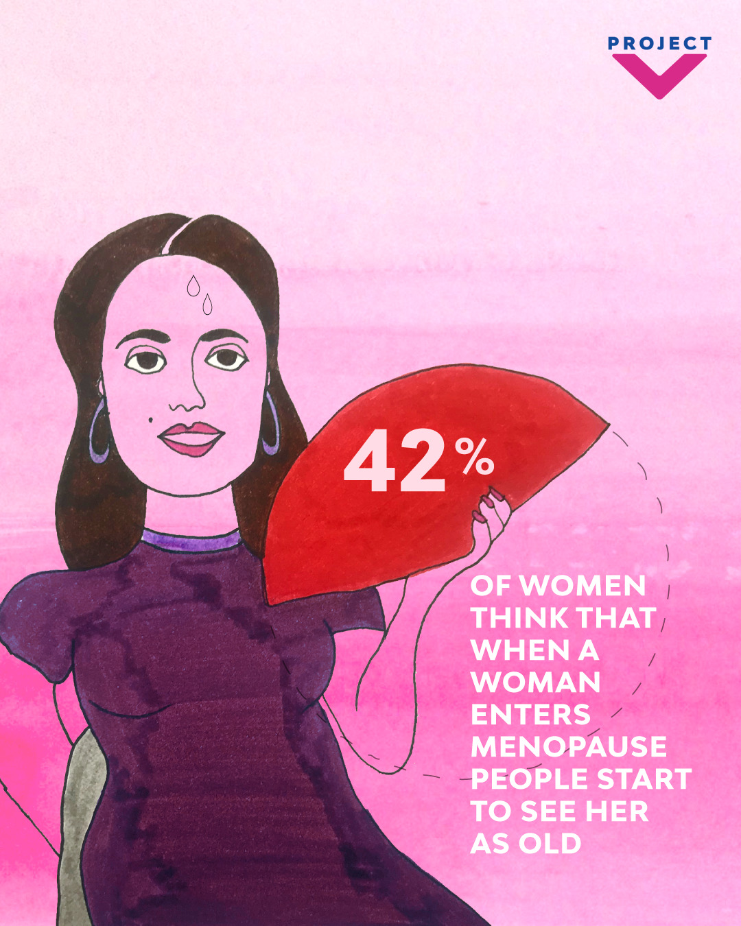 Hand drawn women holding up 42%. Caption> 42% of women think that when a woman enters menopause, people start to see her as old.